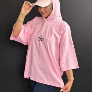 تیشرت باکسی کلاه دار صورتی