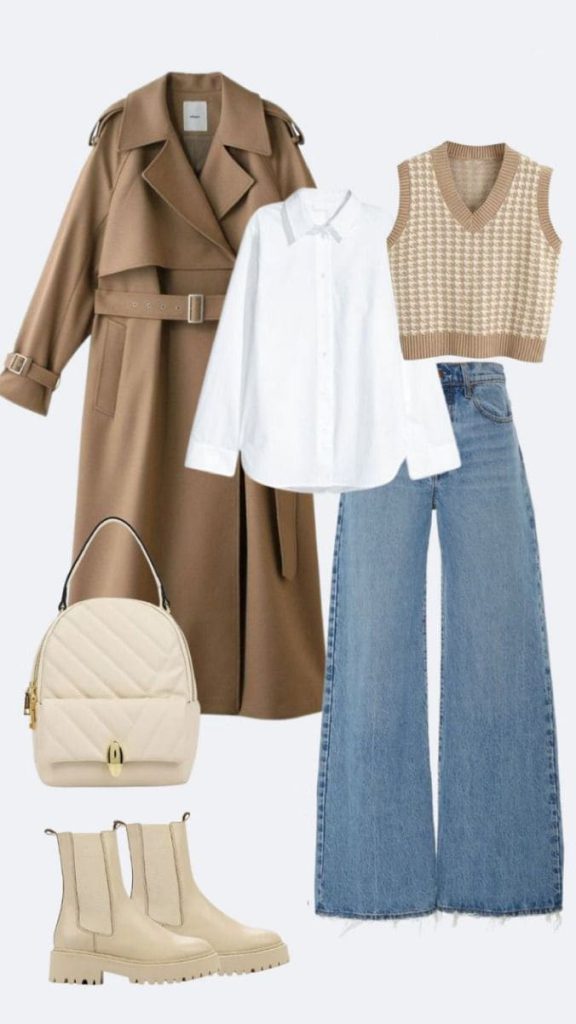 استایل شلوار واید لگ و ترنچ کت