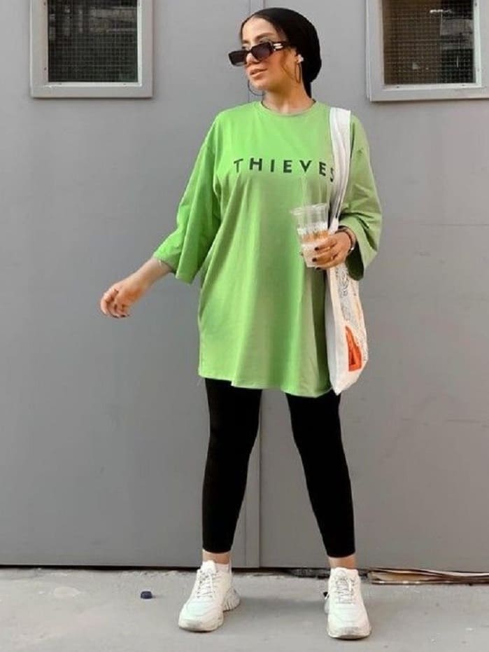 تیشرت لانگ را با چه شلواری بپوشیم : تیشرت لانگ با لگ