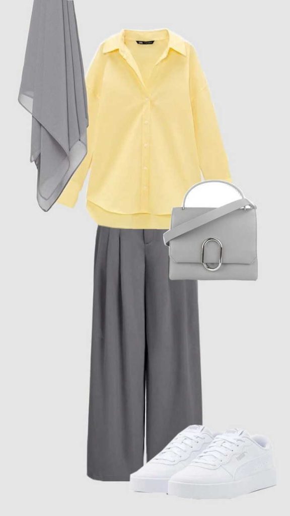 ست شلوار طوسی با شومیز زرد