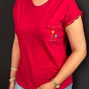 تیشرت جیب گلدوزی قرمز