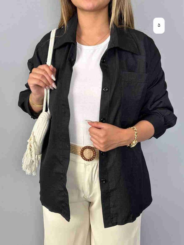 شومیز مانتویی مشکی مشکی دکمه دار