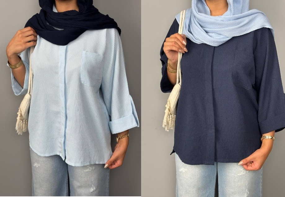 شومیز آبی کم رنگ پشت دکمه