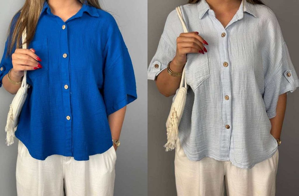 شومیز آبی کنفی دخترانه آستین کوتاه