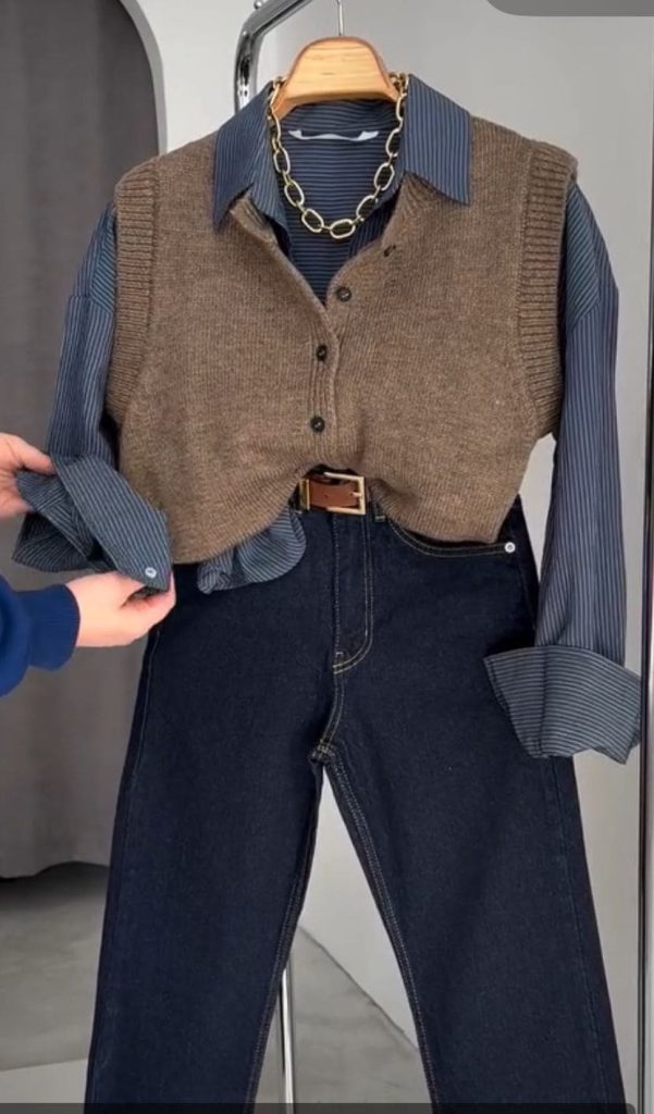 استایل با ژیله بافت زنانه و شلوار جین