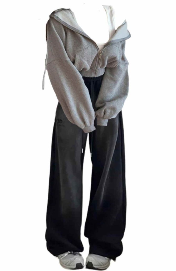 استایل پاییزی با شلوار بگ ذغالی و هودی