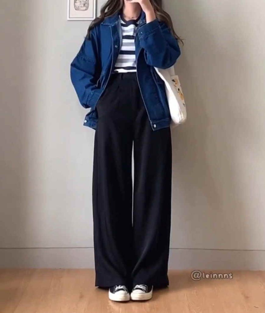 استایل پاییزی با شلوار بگ ذغالی و کت جین